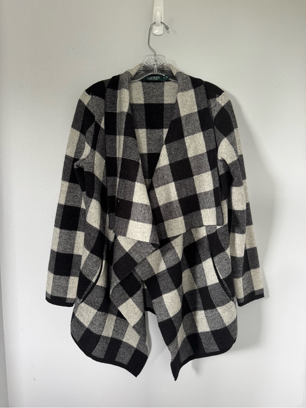 Lauren Ralph Lauren Black & Cream Buffalo Plaid Wool Draped Open Cardigan Size S
